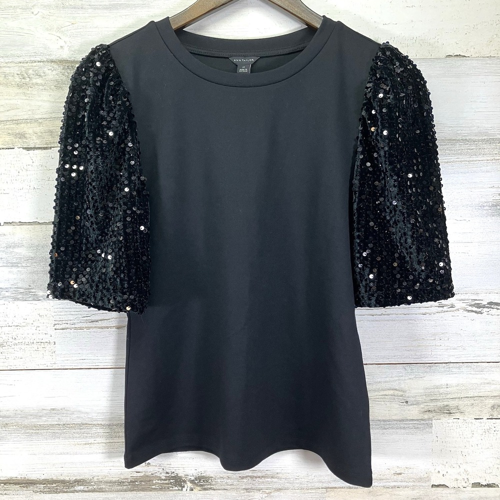 Ann Taylor Womens Black Stretchy Sequins Puff 1/2 Sleeve Blouse Shirt Size XS